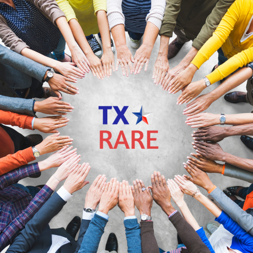 Hands of multiple races connecting in a circle pointing to the TX Rare Logo in the middle.