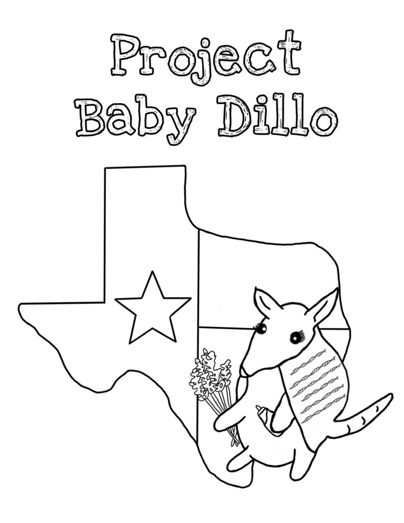 Project Baby Dillo drawing sheet to download and color of the Texas state outline and a baby Armadillo.