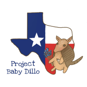 Project Baby Dillo logo drawing of the Texas state outline filled in with the Texas flag colors, red, white, and blue with a brown baby Armadillo in front holding blue bonnet flowers.