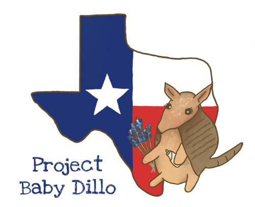 Project Baby Dillo logo drawing of the Texas state outline filled in with the Texas flag colors, red, white, and blue with a brown baby Armadillo in front holding blue bonnet flowers.